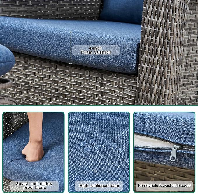 Patio Glider Swivel Rocker Sets: 3piece Patio Furniture Sets, 360° Swivel Rocking with Ottoman, Rust-Resistant Cushion -Perfect for Backyard/Deck/Porch/Balcony Decors- Gray Wicker, Blue (Chair+Table)