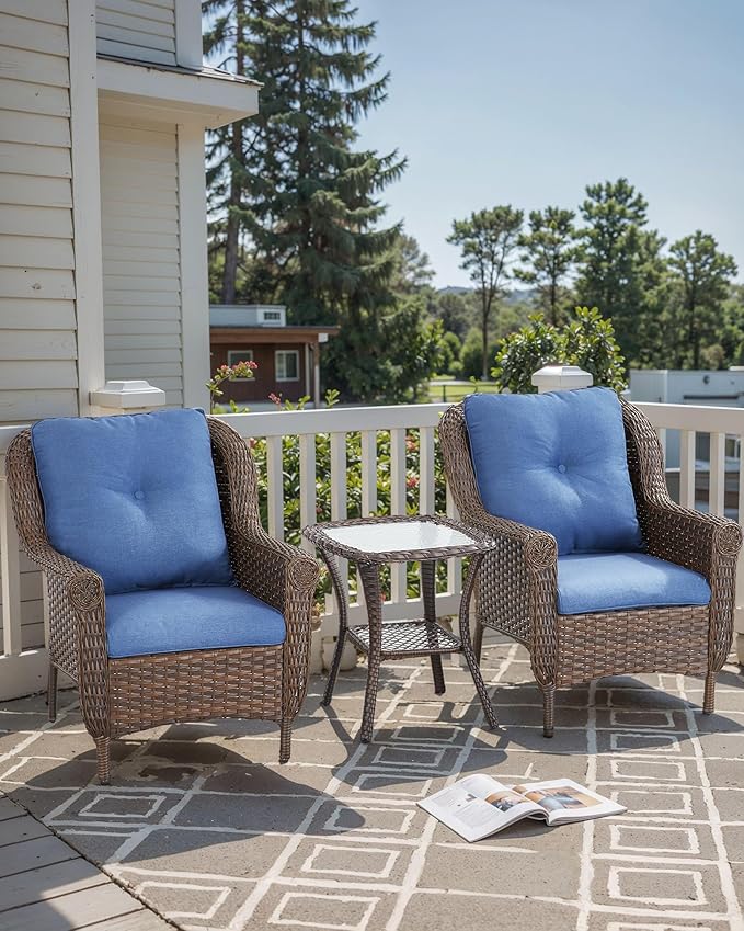Patio Wicker Chairs Outdoor Furniture Chair - Set of 2 Outside All Weather Lawn Dining Brown Rattan Armchair with High Back&Deep Seating for Deck Porch Balcony Backyard Garden - Navy Blue