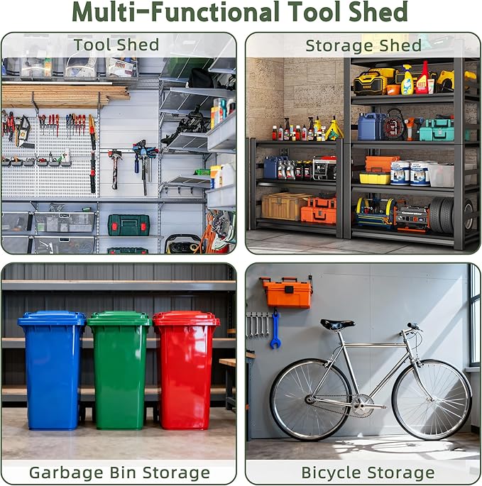 6×8FT Plastic Outdoor Storage Shed, Double Door Tool Shed with Transparent Roof and Vent, Lockable Door with Key, Storing Patio Furniture, Gardening Tools, and Bicycle Accessories.