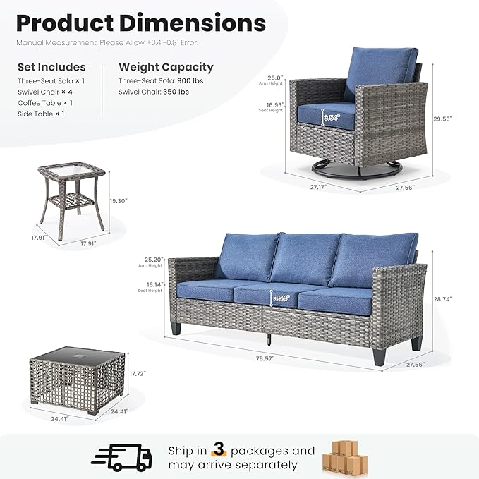 ovios 8 Pieces Patio Furniture Set with Swivel Chairs Rocking Gliders, Outdoor Sofa Couch with Solar Lights Table Comfy Cushions, Modern Deep Seat Wicker Rattan Conversation Set, Denim Blue