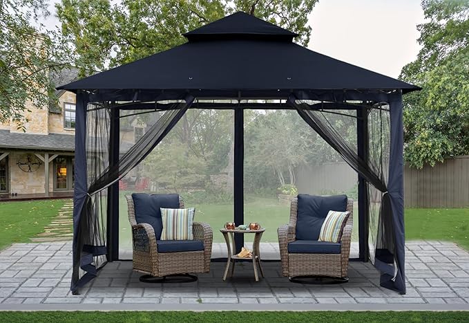 MASTERCANOPY Outdoor Garden Gazebo for Patios with Stable Steel Frame and Netting Walls (9x9,Navy Blue)