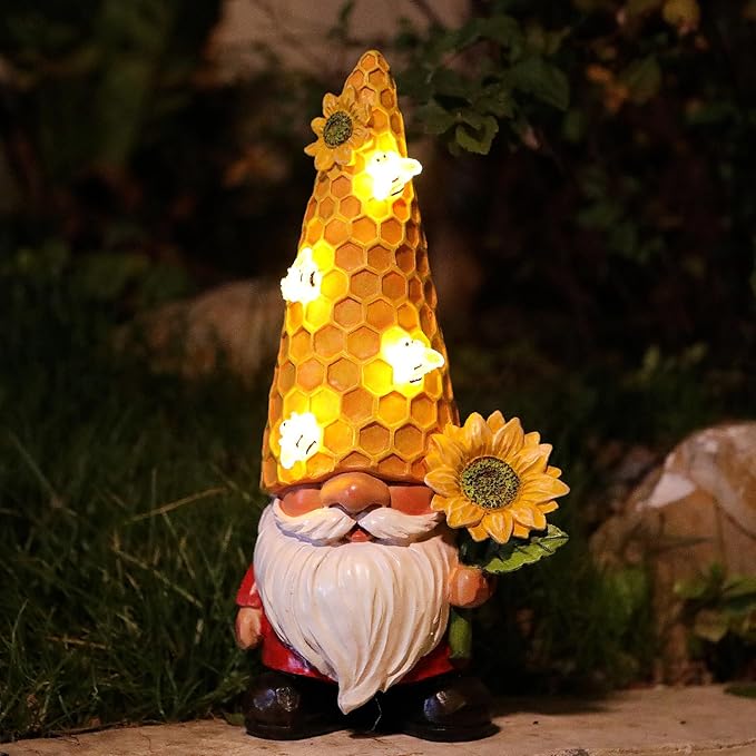 12.3''Garden Gnomes Outdoor Statues Clearance for Garden Decor with Solar Bee Lights,Christmas Gnomes Outdoor Decor - Sunflower Gifts for Women Mom,Yard Art Sculptures for Patio Lawn Yard