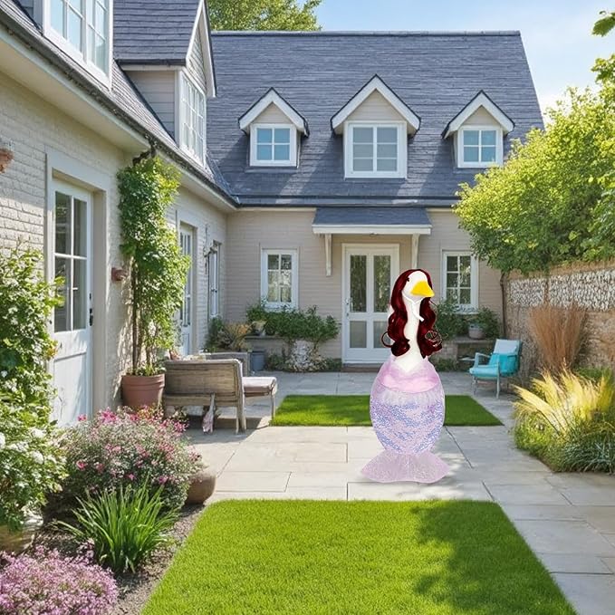 Mermaid Porch Goose Outfits with Red Wigs Colorful Mermaid Goose Costume for 23" Cute Porch Geese Statue Clothes for Summer Outdoor Patio Yard Lawn Decor
