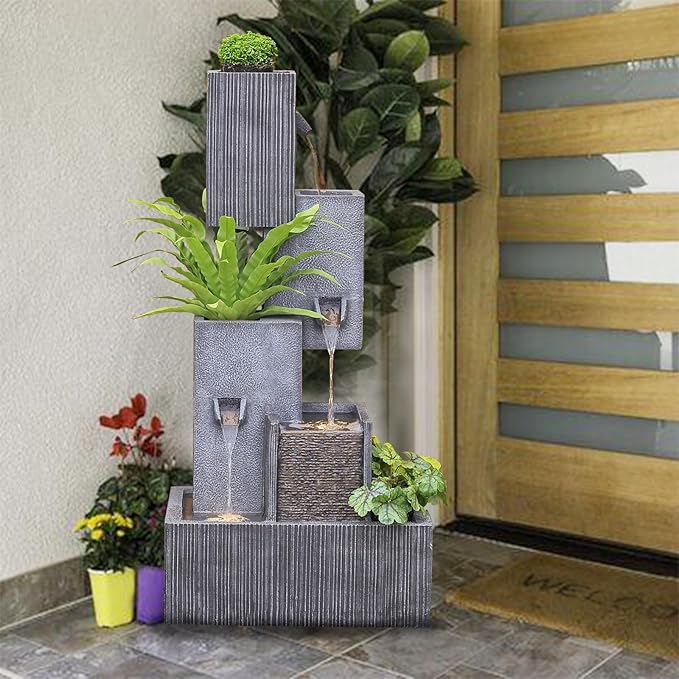 Outdoor Water Fountain Garden Waterfall - Large 4-Tier Modern Patio Fountains Feature with LED Lights for Backyard Deck Porch Pool Outside (Gray, 3.5 ft Tall)