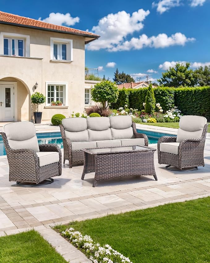 Luxury 22x24/22x25 6-Inch Smile Outdoor Seat Cushions Set of 2 - Superior Comfortable Water-Repellent Patio Chair Cushion for Porch Rattan Dining Swivel Chair Loveseat Sectional Sofa - Beige