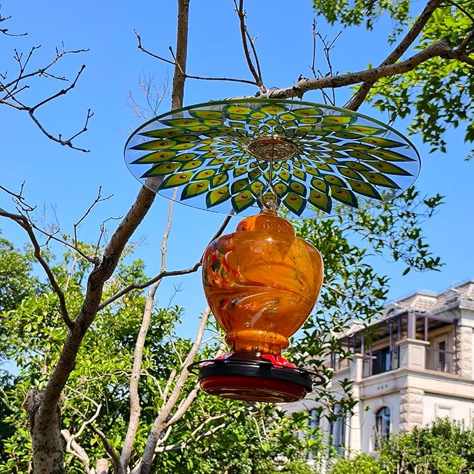 13" Glass Rain Cover for Bird Feeder Outdoors - Baffle on Shepherd Pole/Post or S Hook Hanging - Large Weather Guard Protective Dome - Dia. 33CM - Peacock Feather