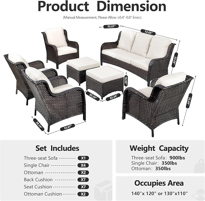HOOOWOOO Patio Furniture Set,7 Piece Outdoor Furniture,Wicker Patio Conversation Couch Chairs Ottoman Set,Beige