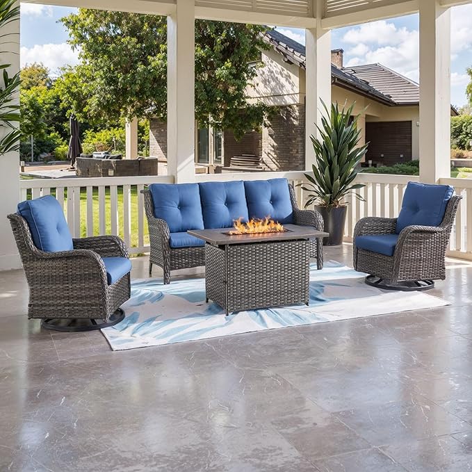 HUMMUH 6 Pieces Patio Furniture Set with Fire Pit Table Outdoor Conversation Set PE Wicker Patio Couch Swivel Glider Chairs Ottomans for Balcony Garden,Lawn,Deck