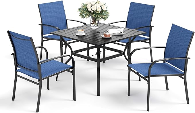 Patio Dining Set for 4, 37”Square Table with Umbrella Hole, 4 Metal Blue Chairs, Outdoor Table and Chairs for Lawn Backyard and Deck