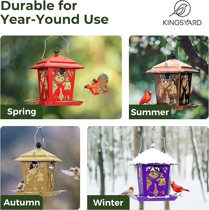 Kingsyard Metal Bird Feeder for Outdoor Hanging - Unique Design Wild Bird Hopper Feeder with 4 Perches and Rainproof Roof, Black