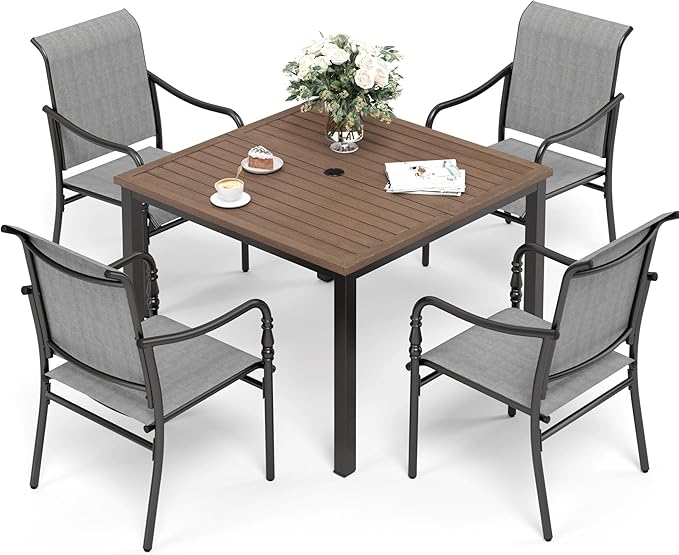 Patio Table and Chairs Set of 4, All-Weather Breathable Textilene Patio Chair with Gourd-Shaped Armrests, 42x42 Wood-Like Table with Umbrella Hole, 5 Pcs Metal Frame Patio Dining Set