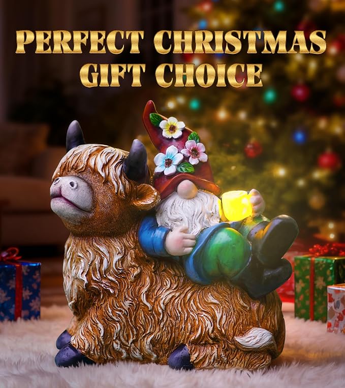 Garden Gnomes Decor Outdoor Statues Gnome on Highland Cow Hold Solar Cup Light Outdoor Decorations for Patio,Yard and Gift for Mom