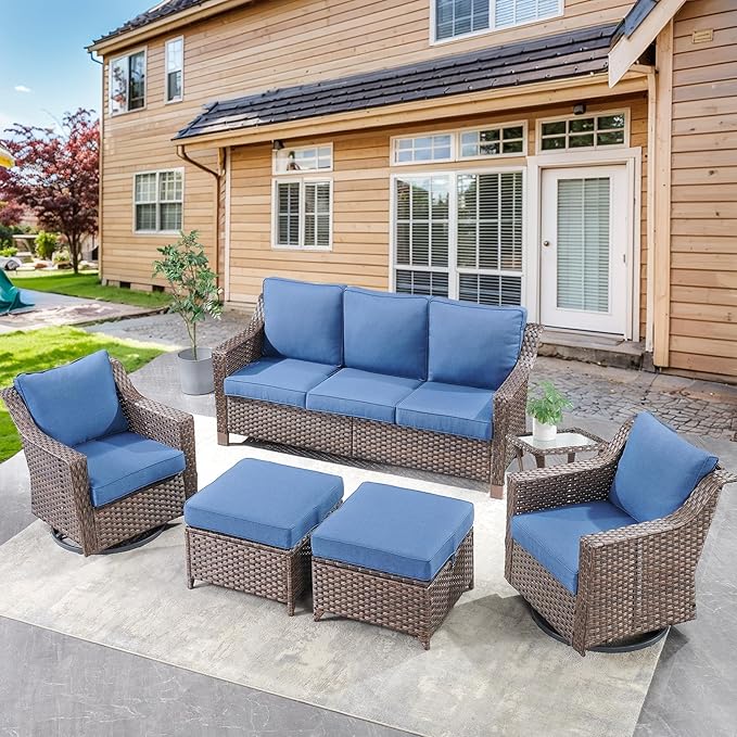 Outdoor Patio Wicker Swivel Chairs - Set of 2 Outside Resin Rattan Rocker Glider Gliding Chair Rocking Armchairs for Front Porch Balcony Backyard Yard Deck Poolside Apartment – Brown/Blue