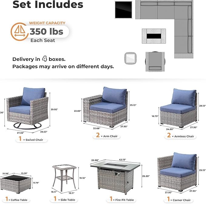 ovios 9 Pieces Patio Furniture Set, Outdoor Wicker Sectional Sofa with 42" Fire Pit Table Swivel Chair, Modern Modular Deep Seat Rattan Couch Conversation Sets, Denim Blue