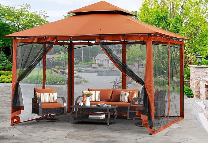 MASTERCANOPY Outdoor Garden Gazebo for Patios with Stable Steel Frame and Netting Walls (11x11,Rust Red)