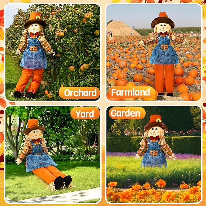 Marsui 1 Pcs 59" Large Outdoor Scarecrow Fall Harvest Thanksgiving Halloween Decoration, Life Size Standing or Sitting Scarecrow Outside Decor for Autumn Garden Yard Porch (Girl)