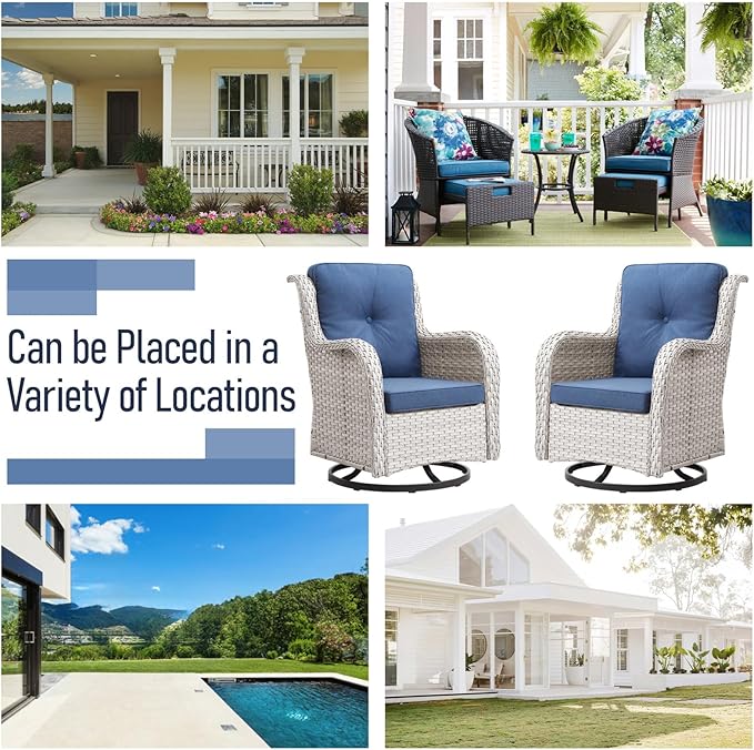 Patio Chairs Set, 5 PCS Furniture with Loveseat, Swivel Rocker Patio Chairs and 2 Wicker Ottoman, Light Grey / Blue, Casual/Tropical Style