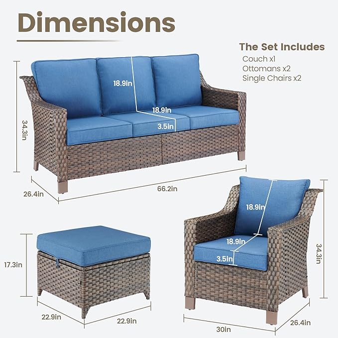 Outdoor Wicker Patio Furniture Set - 5 Piece Outside Rattan Conversation Bistro Sofa Sets with Wicker Chairs, 3-Seat Couch and Ottomans for Porch Balcony Yard Fireplace – Brown/Blue