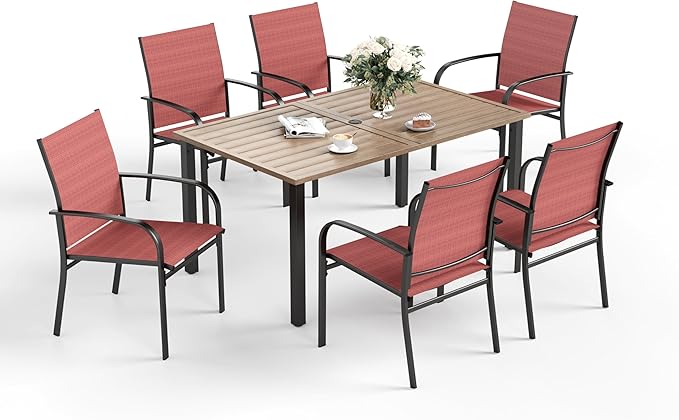 Patio Dining Set for 6, Rectangular Wood-Like Metal Table with Umbrella Hole and 6 Dining Chairs, Outdoor Table and Chairs for Lawn Garden Backyard and Deck, Red
