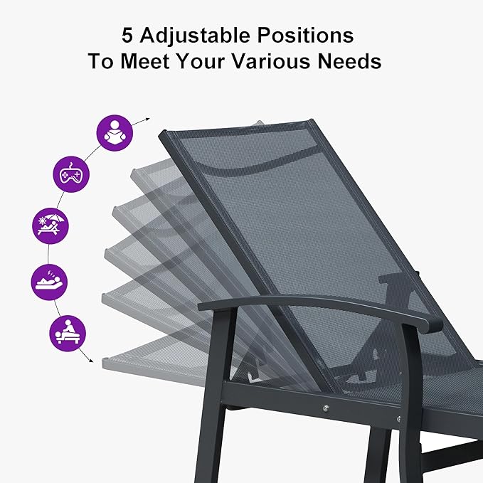 PURPLE LEAF Chaise Lounge Chair Outdoor 2 Pieces Pool Lounge Chairs 5 Adjustable Position with Armrests and Side Table Aluminum Patio Lounge Chair for Outside Backyard Beach Pool, Grey