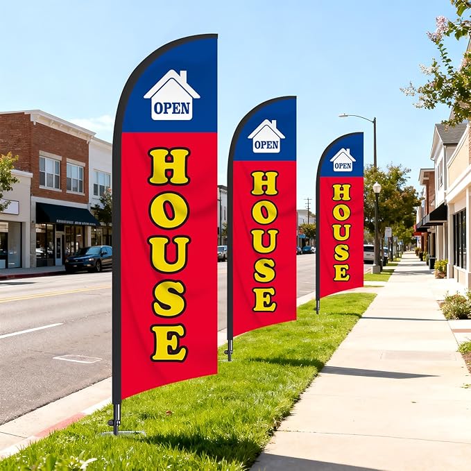 3 Pack Open House Flag for Real Estate 8 Ft Open Feather Flags Banner with Pole Kit and Ground Stake for Outside Outdoor