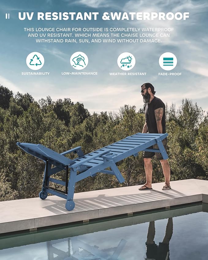 SERWALL Patio Chaise Lounge Chair Set of 4, 5 Positions Adjustable Poly Outdoor Lounge Chair for Pool, HDPE Lounge Chair with Rolling Wheels & Cup Holder for Poolside, Deck, Blue