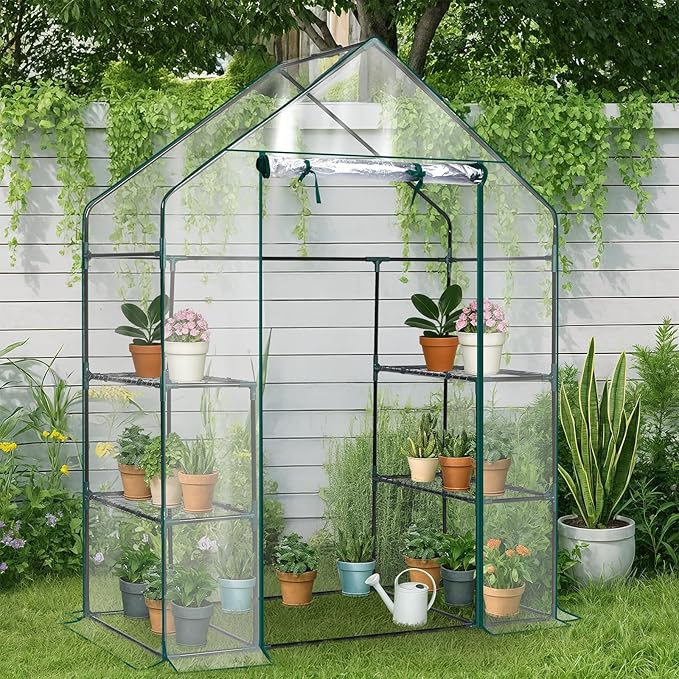 Outvita Walk-in Greenhouse, Outdoor Durable PVC Plant Green House for Frost Protection with 3 Tiers 4 Shelves, Shelf Clips, Roll-up Zipper Door, 56"x29"x77" Transparent