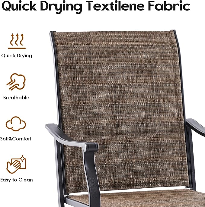 Swivel Patio Chairs Set of 8, Outdoor Patio Dining Chairs with Padded Textilene, Swivel & Rocker Metal Outdoor Dining Chairs All-Weather for Backyard, Brown Fabric with Black Frame