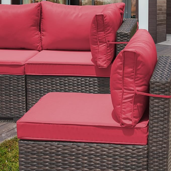 Outdoor Patio Furniture Set, 7 Pieces Outdoor Furniture All Weather Patio Sectional Sofa PE Wicker Modular Conversation Sets with Coffee Table,6 Chairs & Seat Clips(Red)