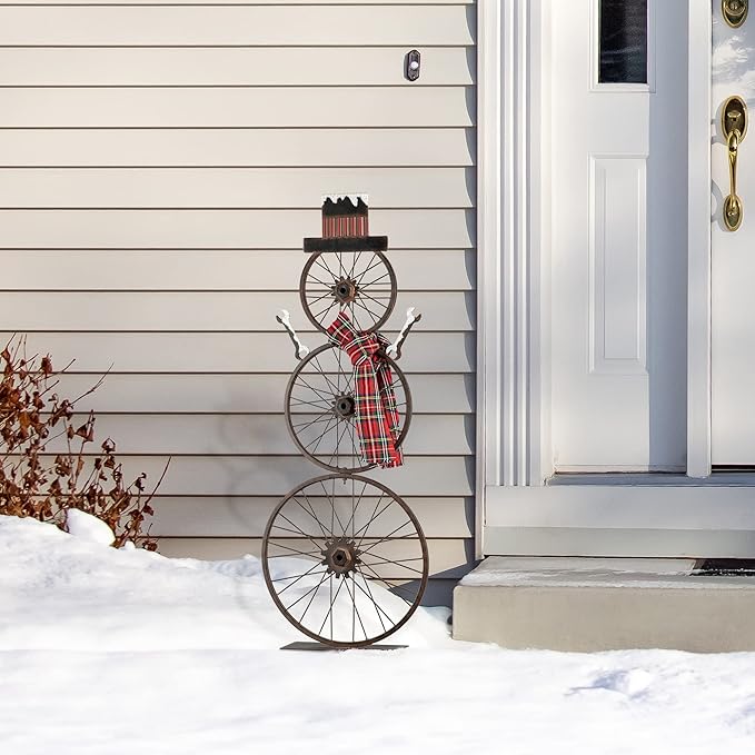 Glitzhome 33.98" H Metal Bike Wheel Snowman with Plaid Scarf Hat Porch Decor Metal Bicycle Garden Yard Decor Christmas Indoor Outdoor Decorations