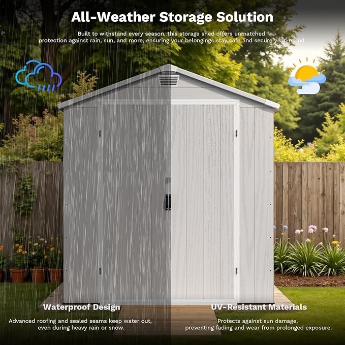 Patiowell 6 x 6 FT Outdoor Storage Shed with Lockable Door & Floor - Resin Garden Tool Shed with Window, Waterproof Easy Assembly for Backyard, Lawn Equipment, Patio Furniture Storage (Light Grey)