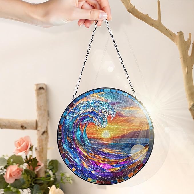 FLAGWIX Christmas Beach Gifts for Women Men - Stained Glass Window Hanging 10in for Holiday Christmas Decorations 2025 - Sun Catchers Indoor Window for Ocean Decor, Beach Decor, Boho Gifts for Women