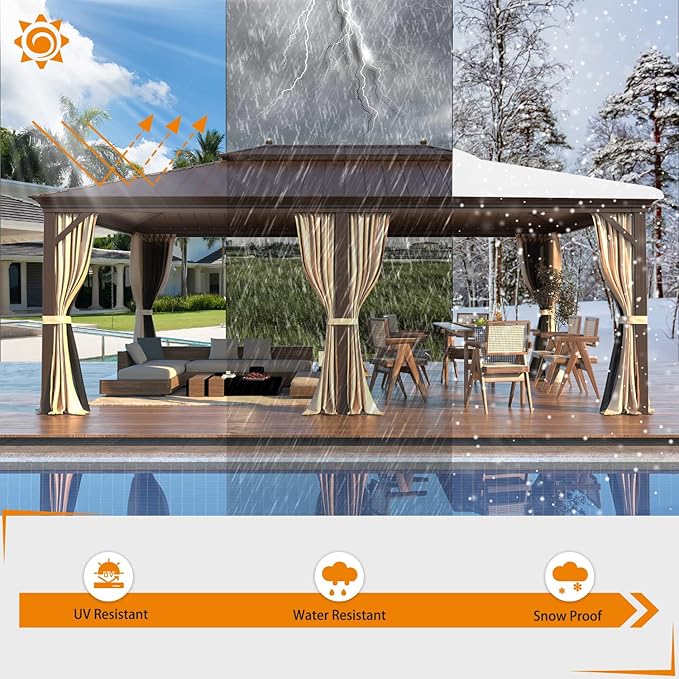 MELLCOM 14' x 20' Hardtop Gazebo,Galvanized Steel Metal Double Roof with Curtain and Netting,Brown Permanent Pavilion Gazebos with Aluminum Frame for Patios,Gardens,Lawns
