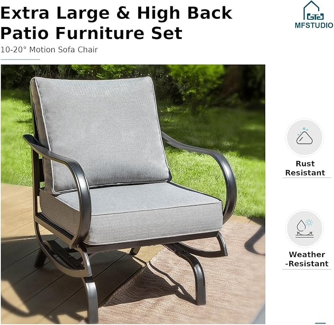 MFSTUDIO 6 Pieces Patio Furniture Sets with 45" Gas Fire Pit Table(Up to 7 Seat), Outdoor Metal Frame Patio Conversation Sofas with 1 x 3-Seat Sofa, 2 Rocking Chairs and 2 Ottoman, Grey Cushion
