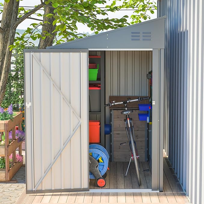 4×8 FT Outdoor Metal Storage Shed,Heavy-Duty Lean to Storage Shed with Lockable Door and Reinforced Beams,All Weather Waterproof Storage House W/2 Air Vents,for Backyard,Patio,Lawn,Dark Gray