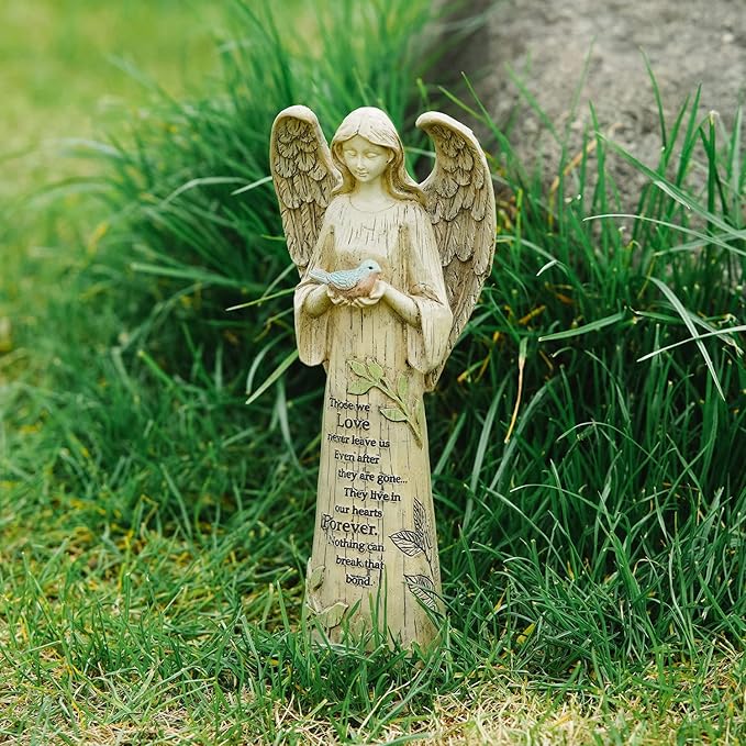 DUSVALLY Angel Statue, Garden Angel Figurines, Outdoor Sculptures and Statues, Praying Angel Resin, Statuary Garden Yard Décor Angel Collectible Sculptures, 10" H, Bird