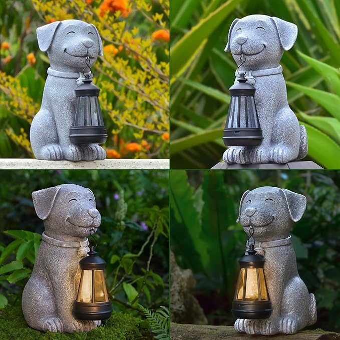 Dog Solar Garden Outdoor Statues, Resin Dog Figurine Decorations with Solar Lights Lantern for Patio, Balcony, Home, Yard Art, Lawn Ornaments, Porch, Garden Gifts for Grandma Mom Women