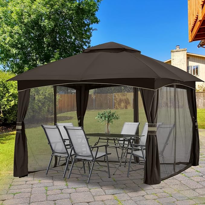 MASTERCANOPY Outdoor Patio Gazebo for Garden with Upgrade Steel Frame and Netting Walls (10x10,Brown)