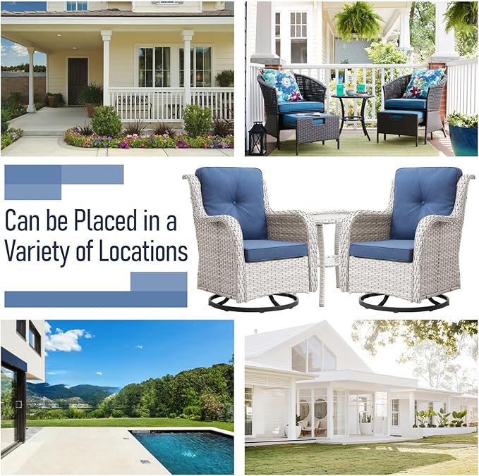 Luxury Wicker Swivel Patio Chairs Set of 3, Outdoor Swivel Rocking Chairs with Side Table, Outdoor Bistro Set for Patio, Porch, Yard, Deck, Poolside, Light Beige/Blue