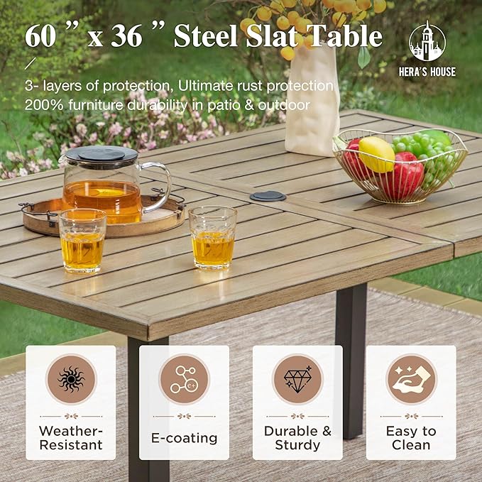 HERA'S HOUSE 7 Pieces Patio Dining Set, 6 x Outdoor Rattan Armchair with Beige Removable Cushions,1 x Rectangular Metal Dining Table with Wood-Look Finish for Patio, Lawn, Garden, or Porch