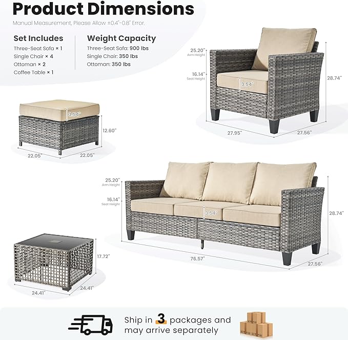 ovios 8 Pieces Patio Furniture Set Outdoor Sofa Couch with Solar Lights Table Comfy Cushions, Modern Deep Seat Wicker Rattan Conversation Set for Porch Deck, Beige