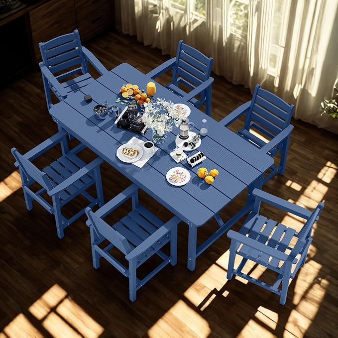 7 Piece Patio Dining Set with 11ft Patio Umbrella (Apple Green), 7 Navy Outdoor HDPE Dining Set with 6 Chairs + 1 Large Table, for Market, Pool, Garden, Backyard, Deck