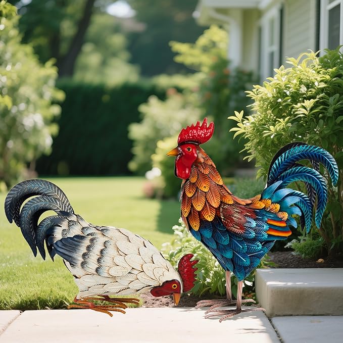 Shorayn Metal Rooster Statues, Outdoor Garden Metal Chicken Decor, Garden Sculptures Chicken Ornaments Yard Art for Backyard Patio Lawn Decorations, Set of 2