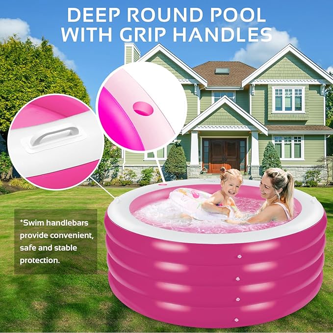 Inflatable Pool with Seating,Four-Tier 72” x 27”Inflatable Swimming Pool with Drink Holder Handles, Summer Family Water Park,Backyard Family Pool, Garden (Pink)