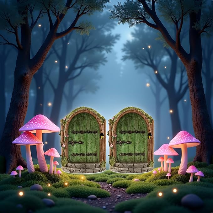 2Pcs Green Fairy Door Wooden Miniature Fairy Gardens Doors Outdoor Mini Fairy Gnome House Accessories for Tree Trunk Ornaments Garden Miniatures, Outdoor Statues,Garden Sculptures and Statues