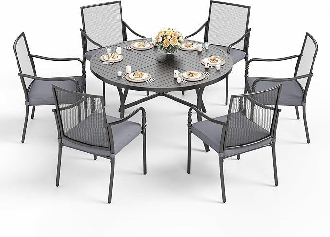 HERA'S HOUSE Patio Table and Chairs Set, 7 Piece Outdoor Dining Set, 6 x Dining Chairs with 54" Round Metal Table for Backyard Garden Lawn Restaurant