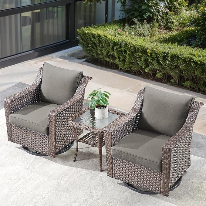 Outdoor Patio Table and Chairs Set - 3 Piece Outside Wicker Conversation Bistro Dining Furniture Sets with Glide Rocking Swivel Chair and Glass Top End Tables for Front Porch Balcony Yard – Brown/Grey