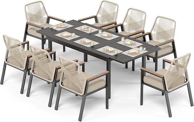 9 Pieces Patio Dining Set, 8 x Woven Rattan Chairs with Waterproof Cushion, 84" Extendable Rectangular Dining Table, Outdoor Table and Chairs Set for Backyard Lawn and Deck, Beige