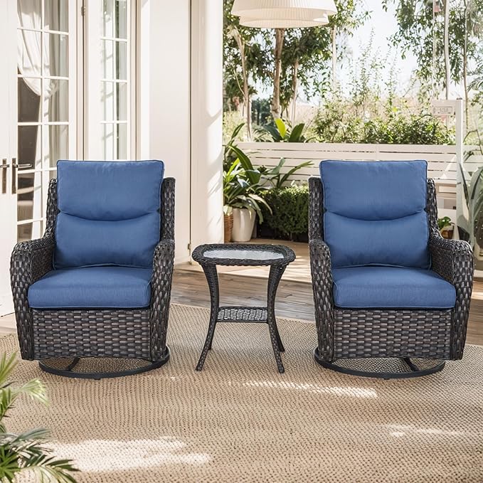 Patio Conversation Set with Smile-Shaped Cushions, Luxury Outdoor Swivel Chairs with Side Table and Ottomans, 5PCS PE Rattan Swivel Glider Chairs Set, Brown Wicker|Blue Cushions