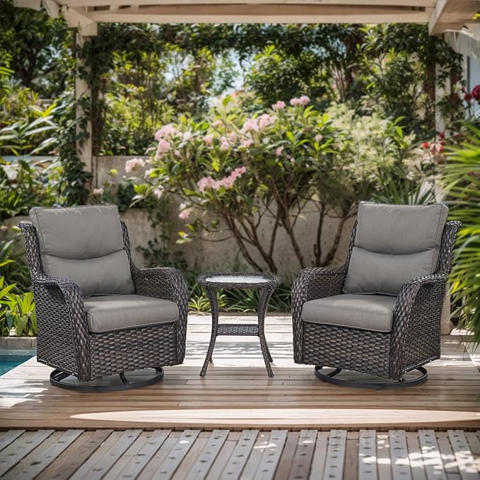 Patio Conversation Set with Smile-Shaped Cushions, Luxury Outdoor Swivel Chairs with Side Table and Ottomans, 5PCS PE Rattan Swivel Glider Chairs Set, Brown Wicker|Grey Cushions